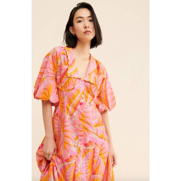 Farm Rio Bright Forest Button Front Midi Dress In Orange Size Medium New - Picture 2 of 16